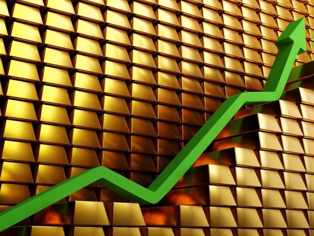 Green upward trend line showing rising gold prices against a background of gold bars.