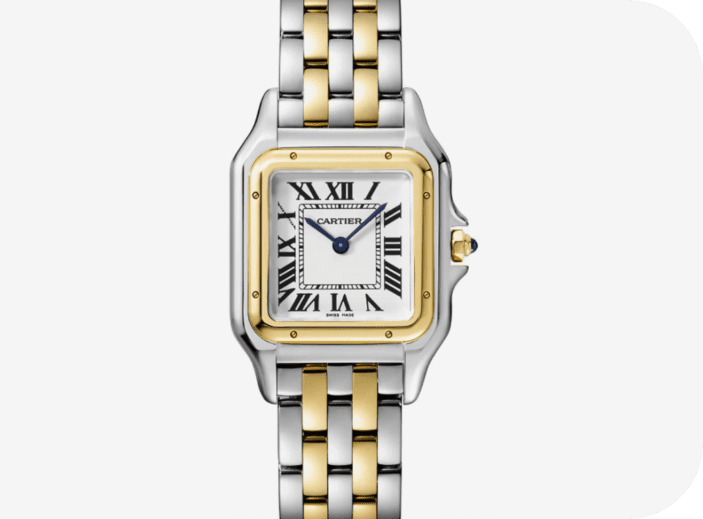 Two-tone Cartier Panthère watch with gold and stainless steel bracelet.