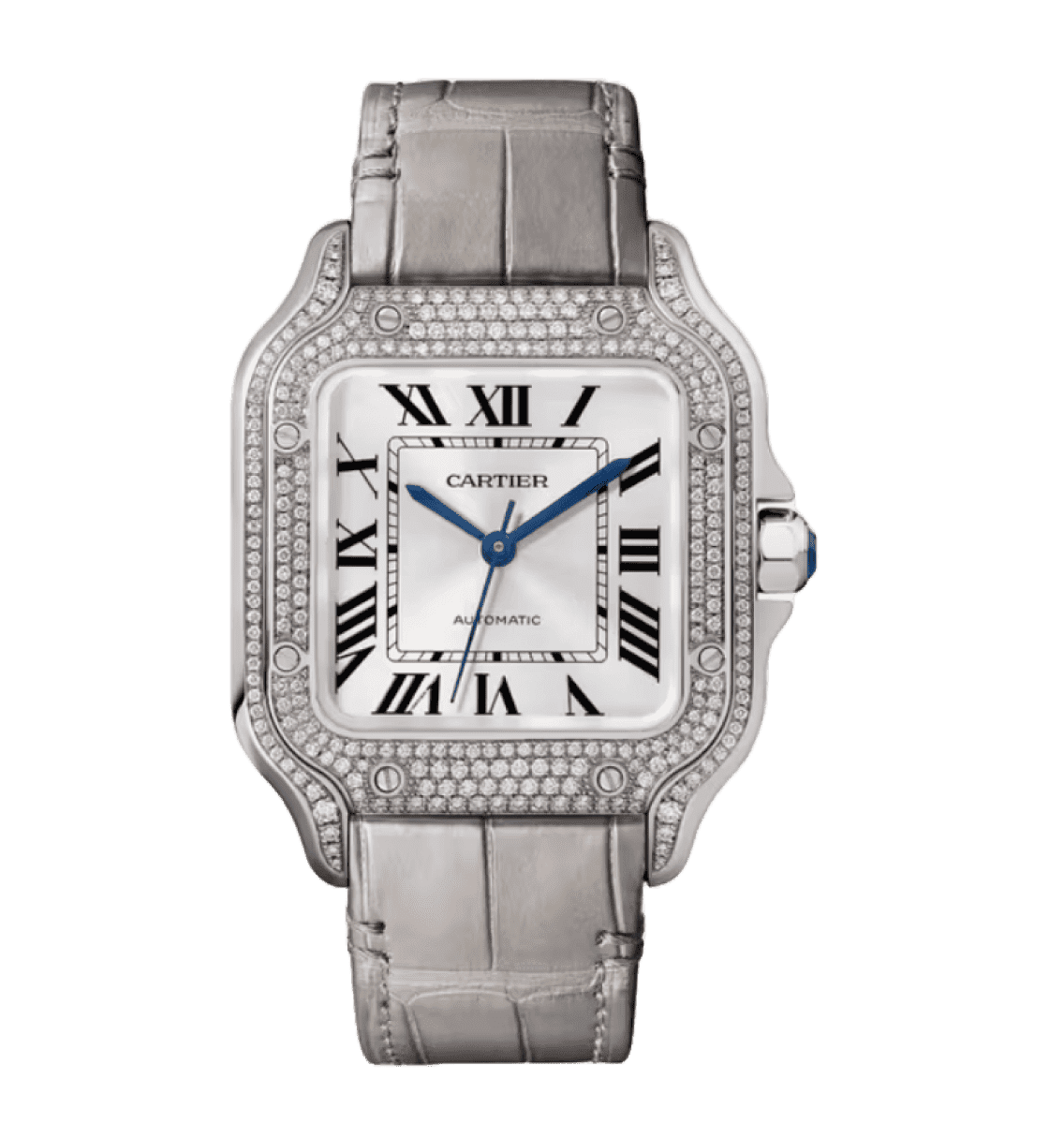 Diamond-encrusted Cartier Santos watch with silver alligator strap.