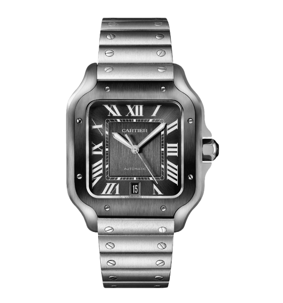 Black dial Cartier Santos watch with exposed screws and automatic movement.