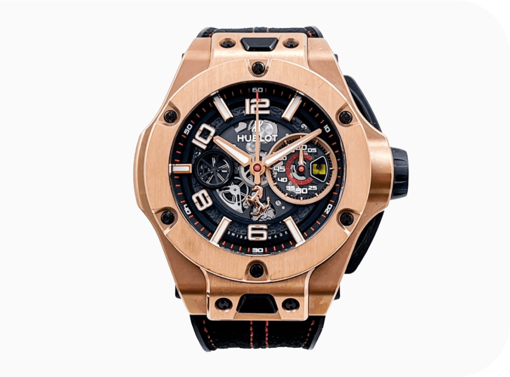 Rose gold Hublot Big Bang chronograph with black skeleton dial.