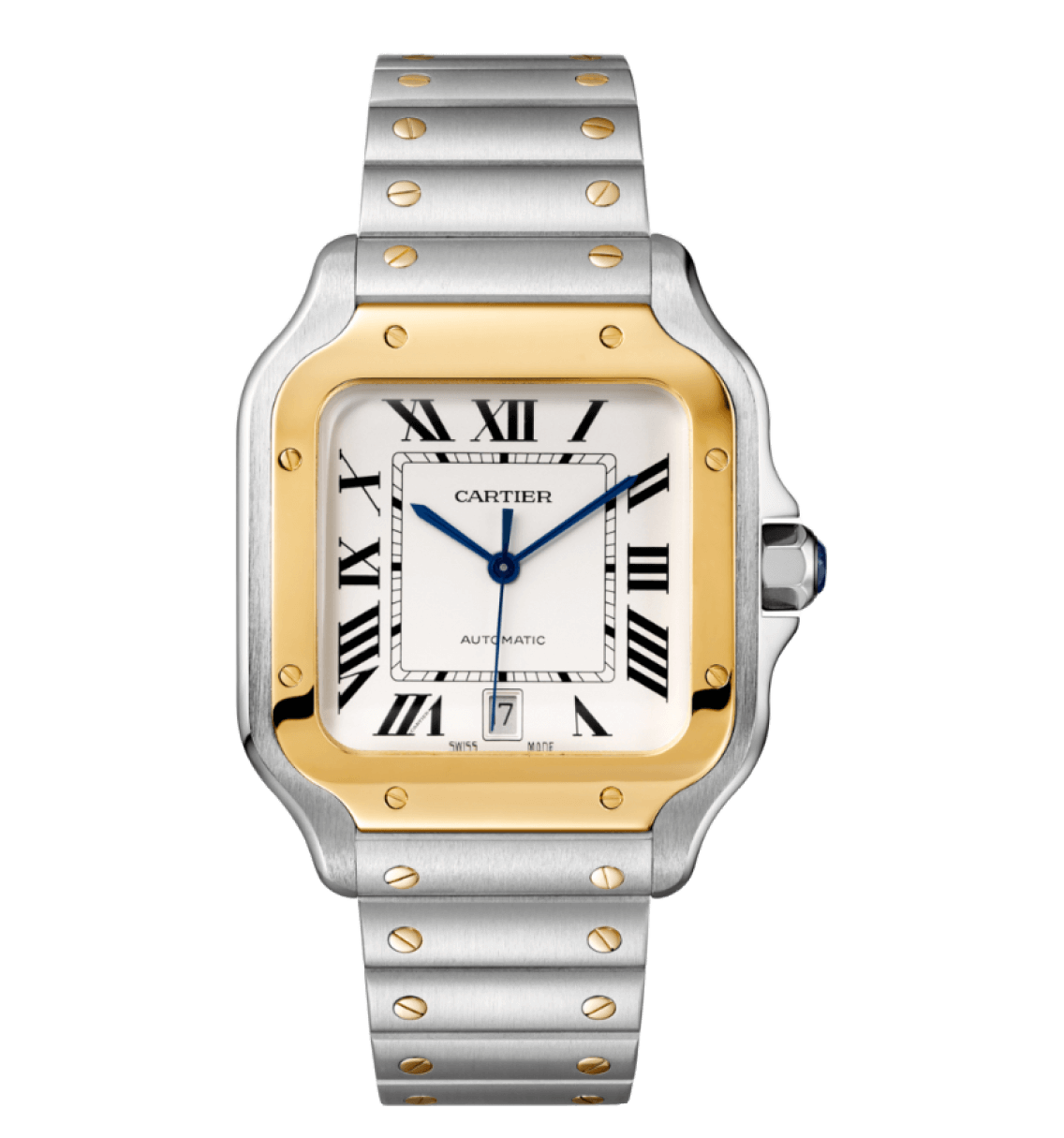 Two-tone Cartier Santos watch with gold bezel and silver bracelet.