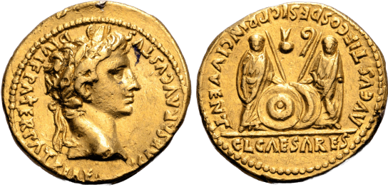 Two rare ancient Roman gold coins with detailed inscriptions and imagery used for a collectible coin loan.