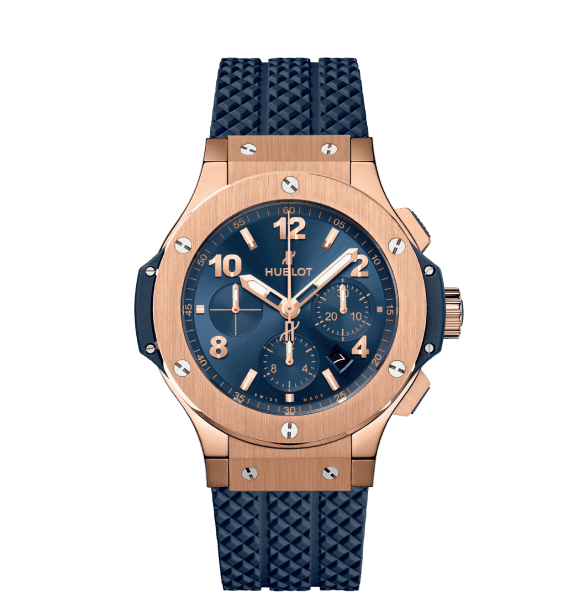 Hublot Big Bang with blue dial and rose gold case and matching blue rubber strap.