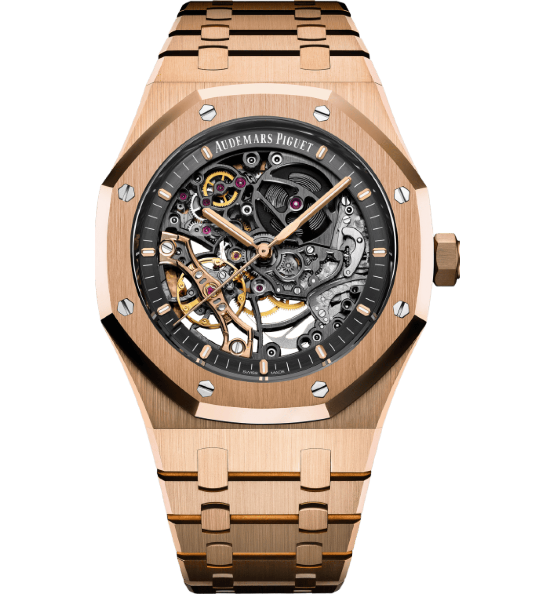 Rose gold Audemars Piguet Royal Oak openworked watch for sale or loan.