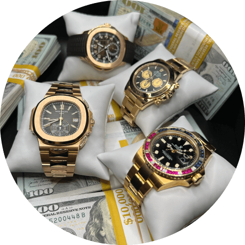 Four luxury watches with cash stacks used for secured lending at Qollateral.