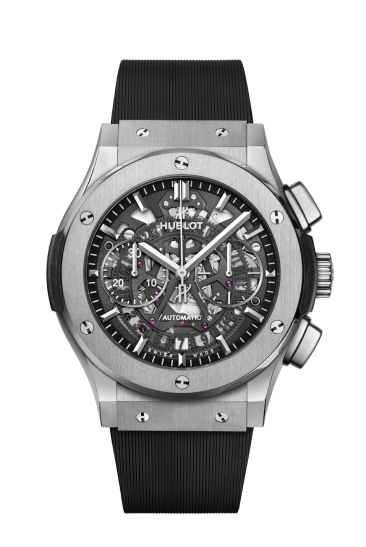 Stainless steel Hublot Classic Fusion chronograph with see-through dial.