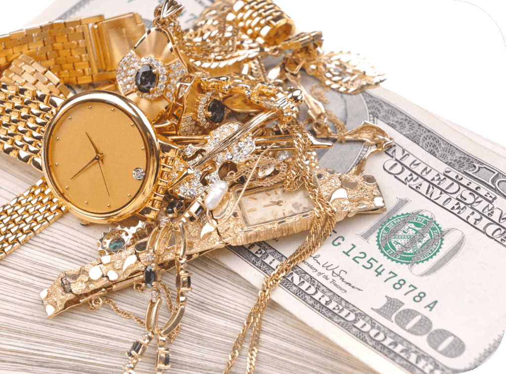 Gold jewelry, gold watch, and cash stack used for nationwide collateral loan.