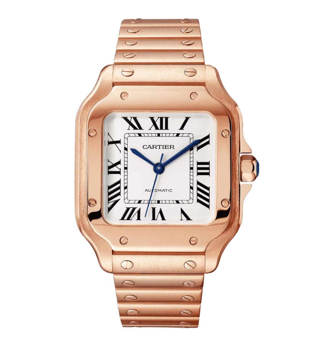 Rose gold Cartier Santos watch with white dial and Roman numeral indices.