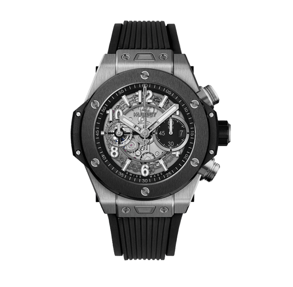 Titanium Hublot Big Bang chronograph with rubber strap and skeletonized dial.