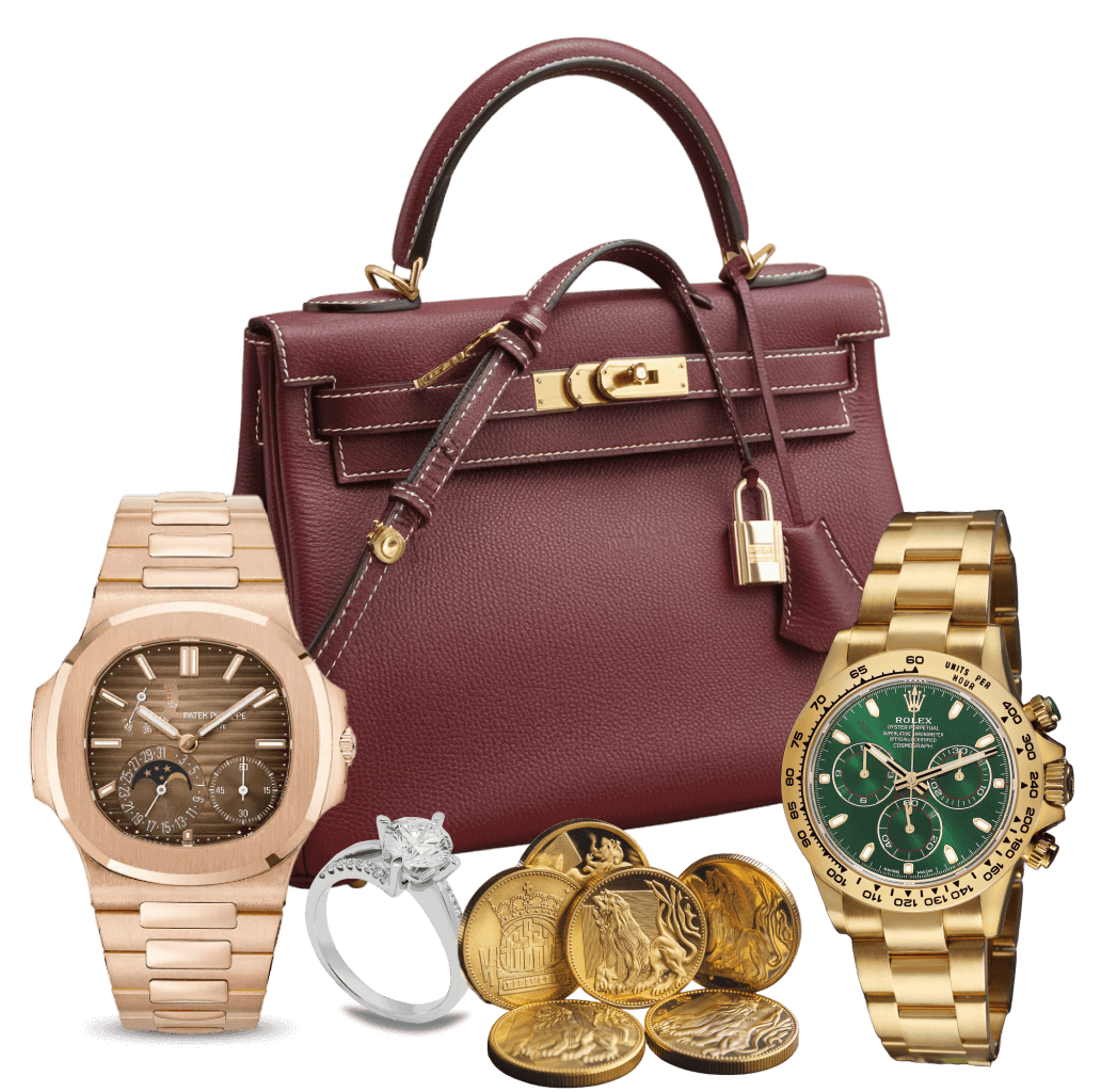 Patek Philippe watch, Rolex Daytona, Hermès Kelly handbag, gold coins, and diamond ring used as collateral for high-value loan in NYC.