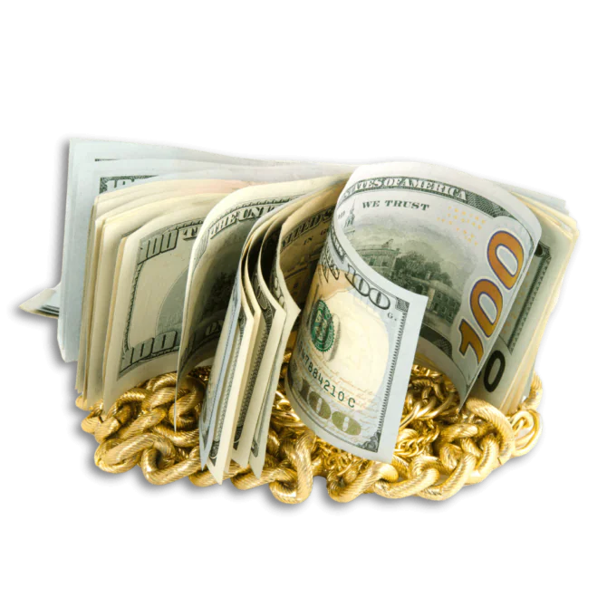 Stack of cash wrapped in gold chain used for personal secured loan.