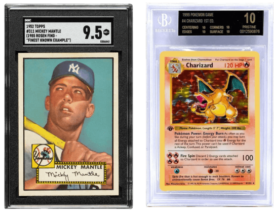 Mickey Mantle and Charizard graded collectible cards.