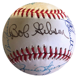 Autographed baseball signed by Bob Gibson and additional baseball players.