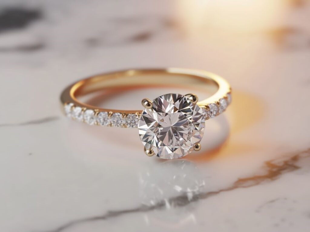 Gold engagement ring with round-cut diamond being used for a jewelry loan on a marble background.