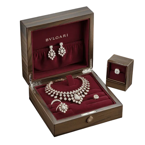 Bvlgari diamond jewelry set in an elegant presentation box, available for luxury collateral loans.