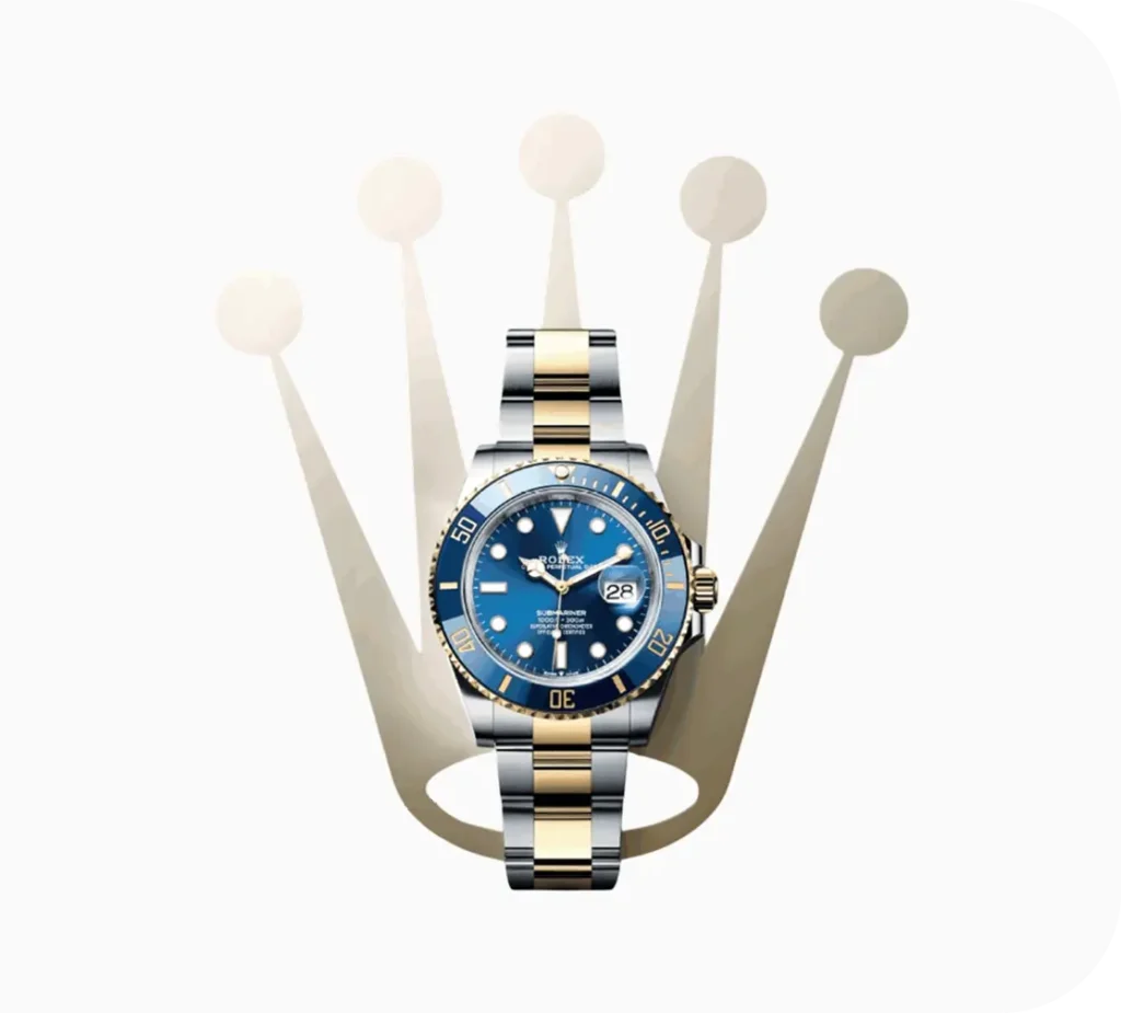 Luxury Rolex watch in front of a crown emblem, ideal for collateral loans at Qollateral.