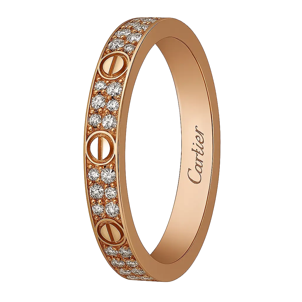 Rose gold Cartier Love ring with pavé diamonds, eligible for collateral loan at Qollateral