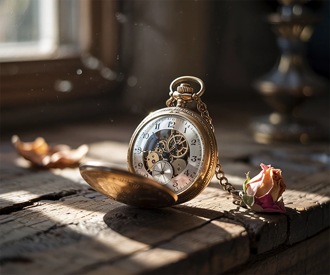 Antique pocket watch collectible on rustic table
