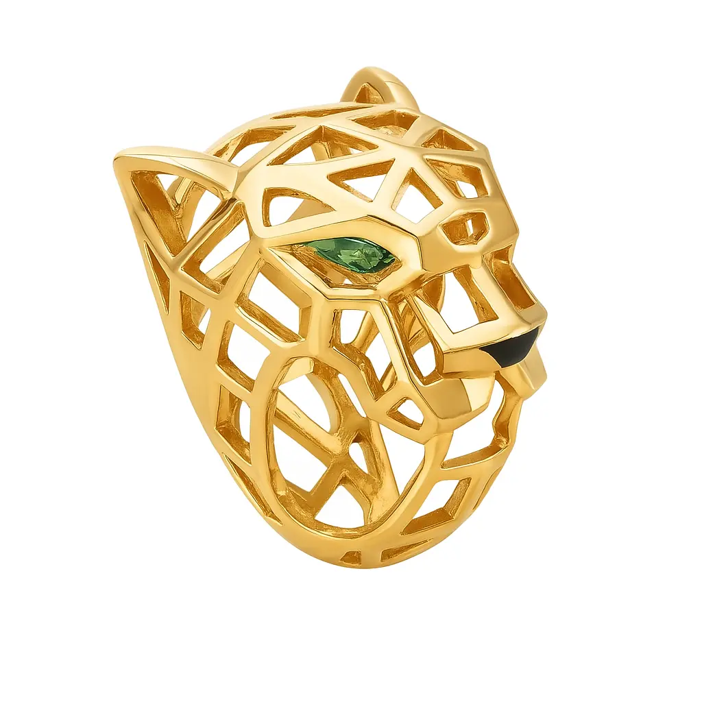 Cartier Panthère gold ring with green gemstone eyes, accepted for jewelry loans at Qollateral