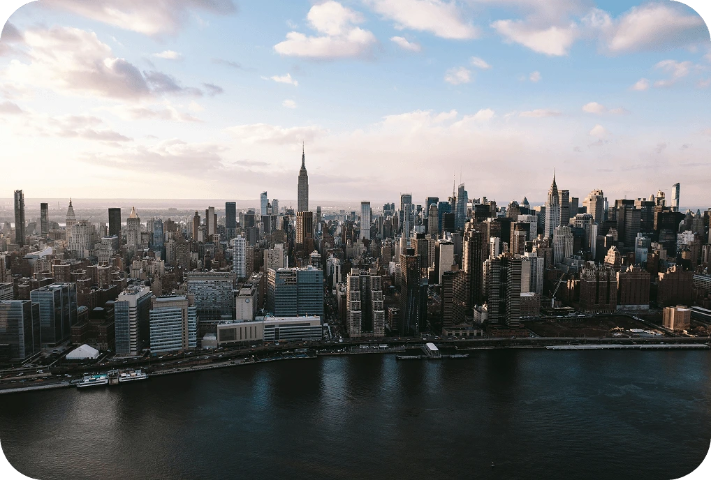 Aerial view of Manhattan skyline with the Empire State Building and East River
