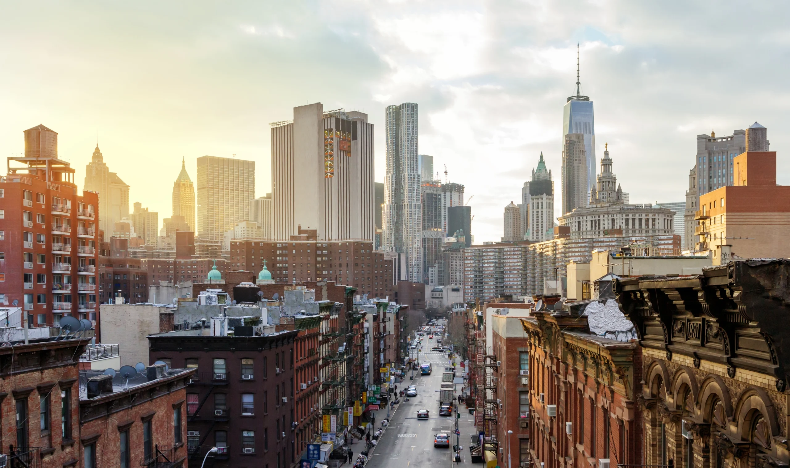 View of Lower Manhattan skyline with historic buildings and modern skyscrapers