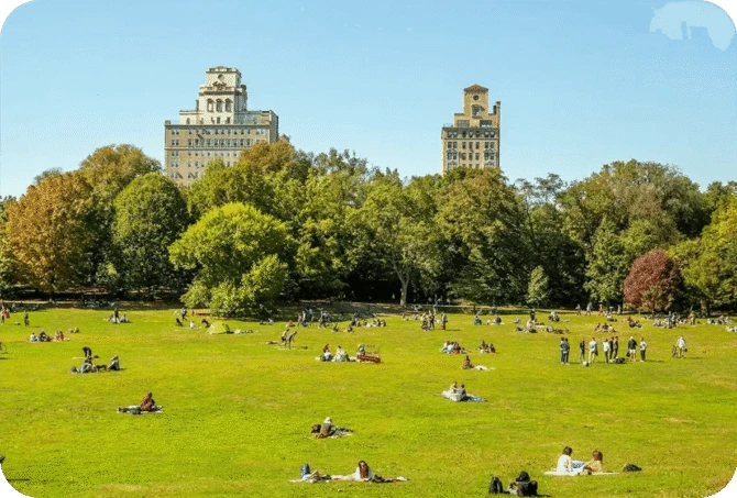 People relaxing on the lawn in Prospect Park with trees and historic buildings in the background