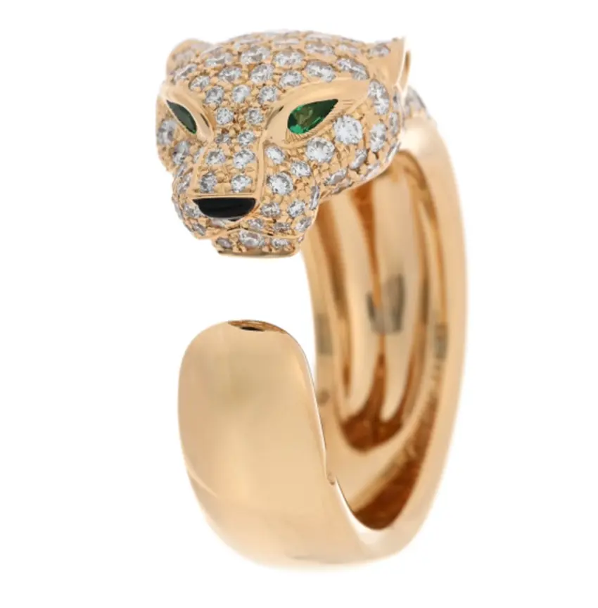 Cartier-style panther ring in rose gold with pavé diamonds and emerald eyes