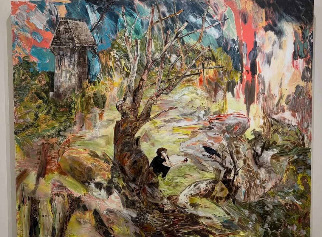 Abstract landscape painting featuring a solitary figure by a tree and tower, representing fine art used for Qollateral art-backed loans.