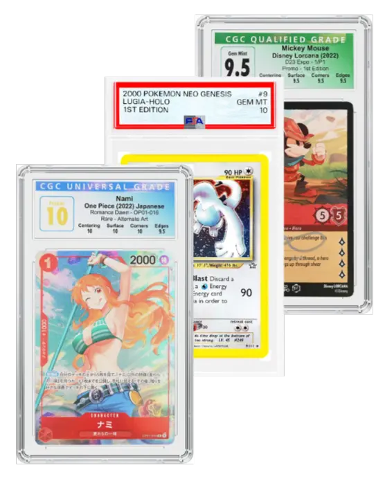 Graded Pokémon Lugia, One Piece Nami, and Disney Lorcana Mickey Mouse cards showing the variety of TCGs Qollateral accepts for collateral loans.