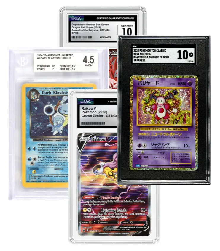 SGC, CGC, and BGS-graded Pokémon and Dragon Ball Super TCG cards representing Qollateral’s acceptance of all grading companies for collateral loans.