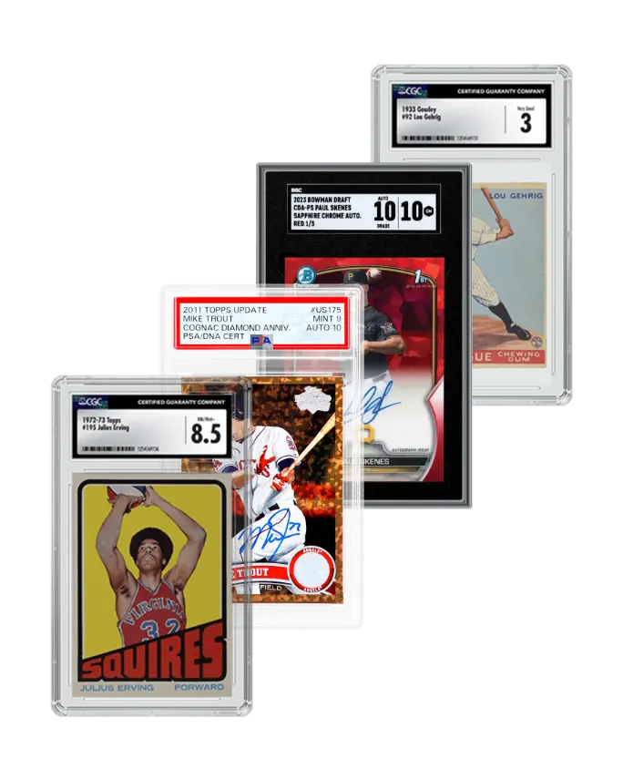 Collage of graded sports cards including vintage Lou Gehrig, Julius Erving, modern Bowman Draft autos, and PSA Mike Trout autograph, representing sports card collateral eligible for loans at Qollateral.
