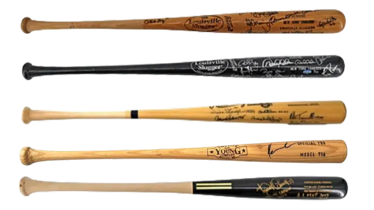 Authenticated signed baseball bats featuring player autographs and inscriptions, representing high-value sports memorabilia accepted for collateral loans.