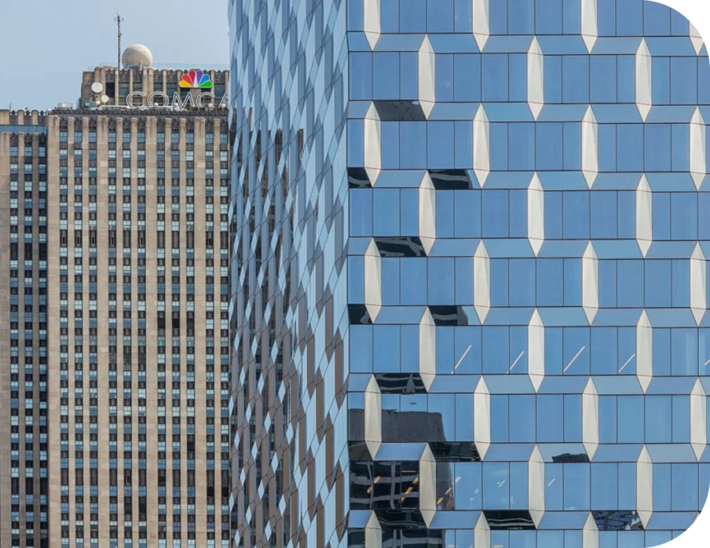 Midtown Manhattan office buildings with reflective glass facades in New York City