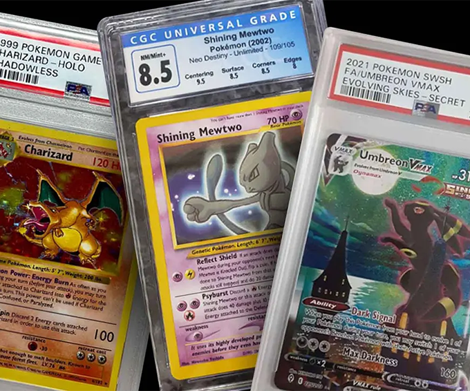 Three graded Pokemon cards featuring Charizard, Shining Mewtwo, and Umbreon VMAX in protective slabs