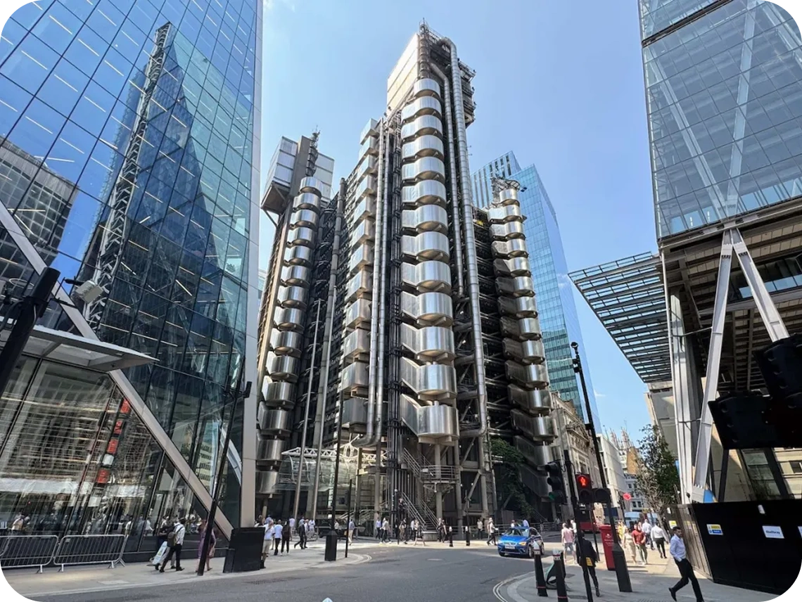 Lloyd's of London building exterior viewed from street level in the City of London financial district