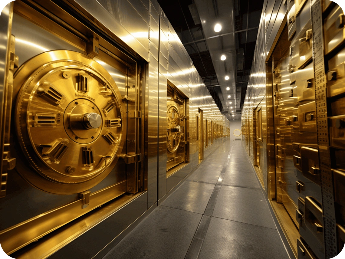 Interior of a secure bank vault with brass safe deposit boxes and a large round vault door