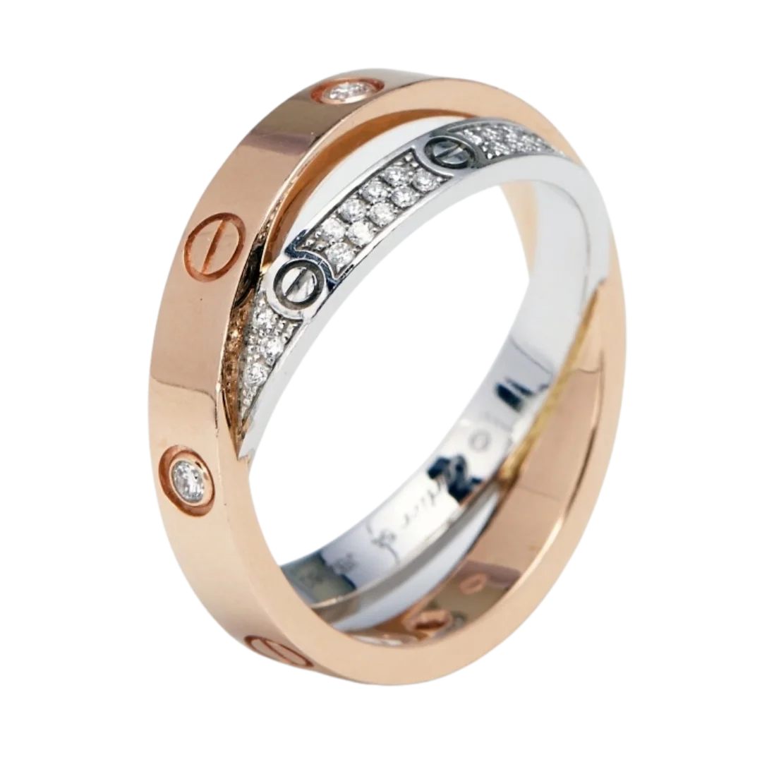 Cartier Love Pave Diamond Two Tone 18K Gold Double Band